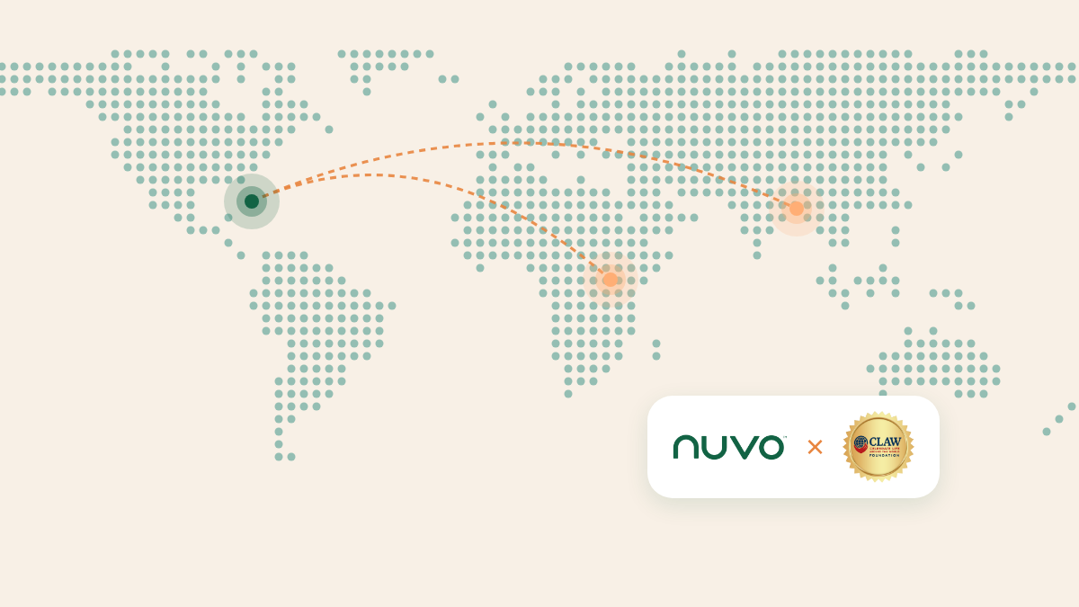 Dotted world map with routes from Florida to Uganda and Bangladesh, with the Nuvo and CLAW logos