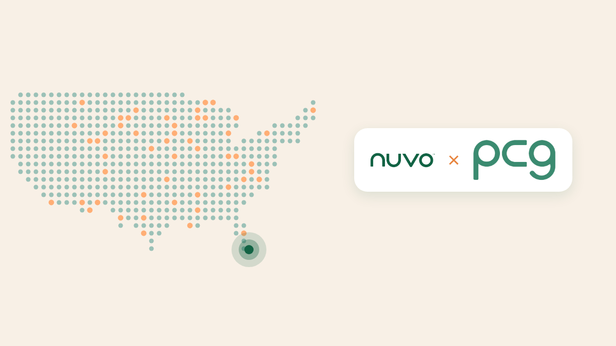 Dotted map of the United States with peach dots across the country and a mark on Aventura, Florida, with the Nuvo and PCG logos