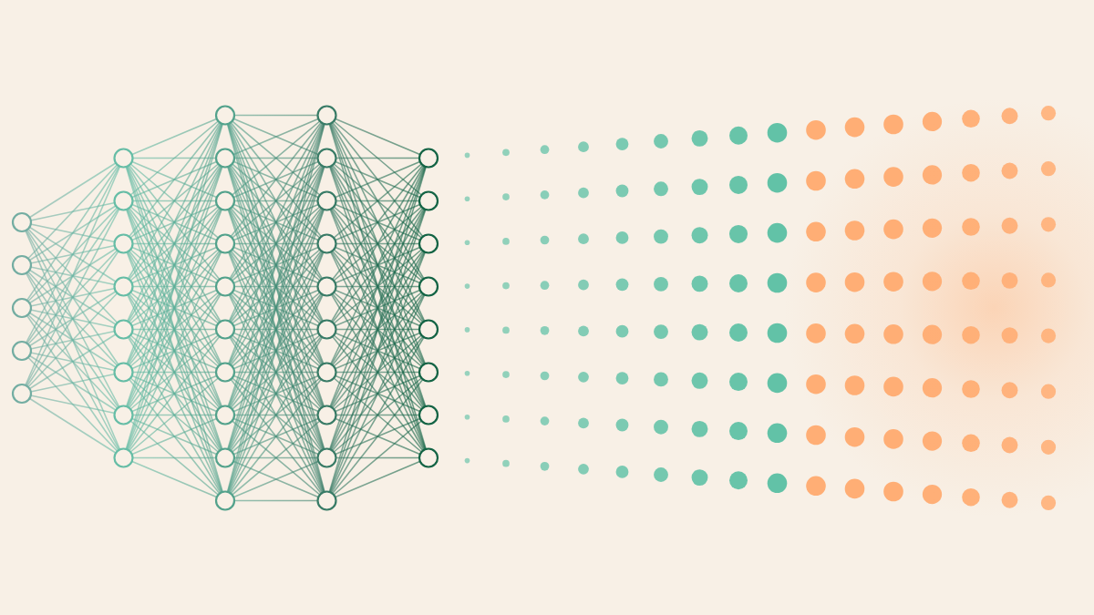 A network of nodes whose last layer opens into lines of dots turning from aqua to peach