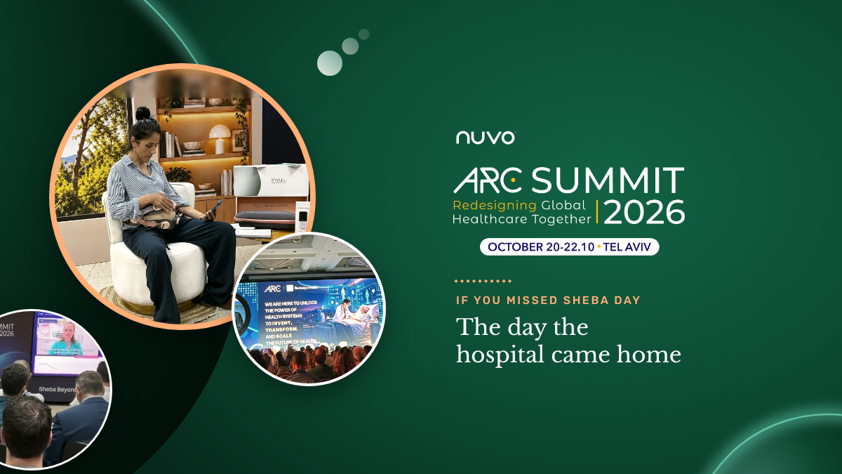 A demonstrator wearing the INVU belt in the Sheba Day armchair, the ARC Summit main stage and the session room, in circles beside the ARC Summit 2026 logo