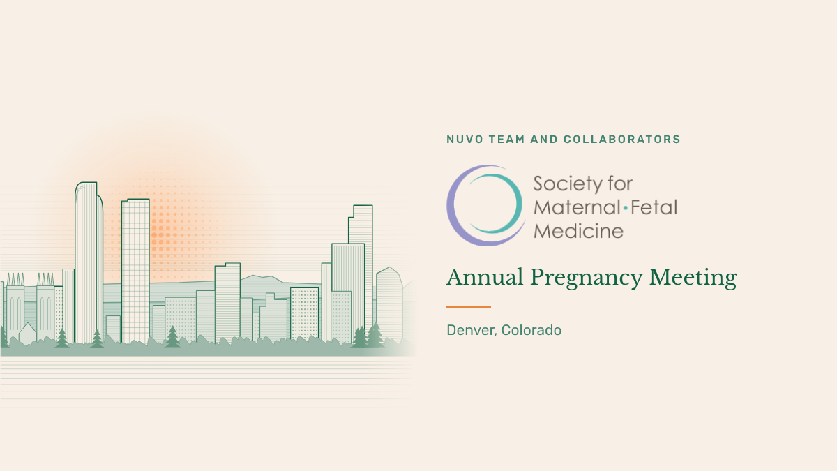 Denver skyline seen from City Park, with the Front Range behind, drawn in Nuvo green; the Society for Maternal-Fetal Medicine logo