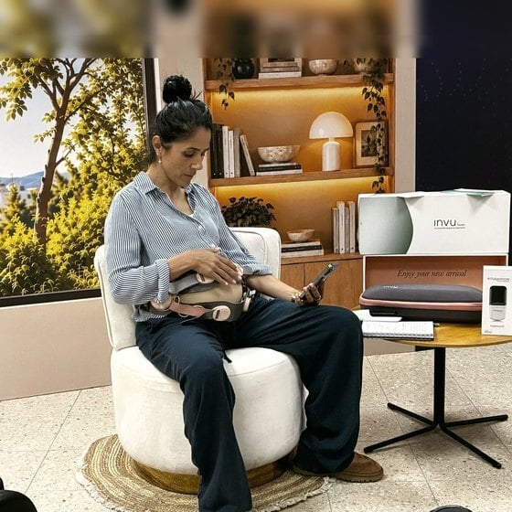 A demonstrator wearing the INVU belt in the Hospital at Home armchair at Sheba Day